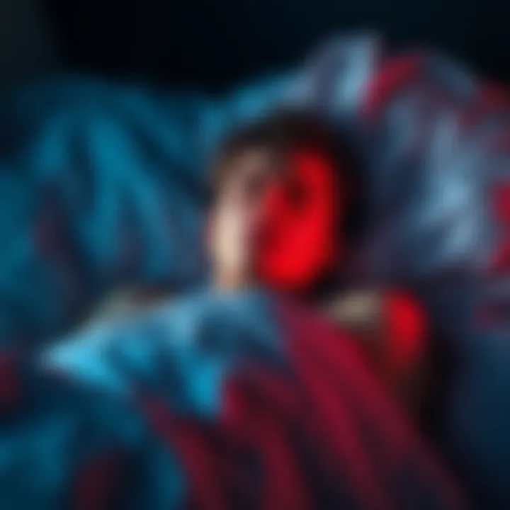 A person lying in bed, appearing tense and unable to move, with a dark room around them, representing the feeling of being caught between sleep and wakefulness.