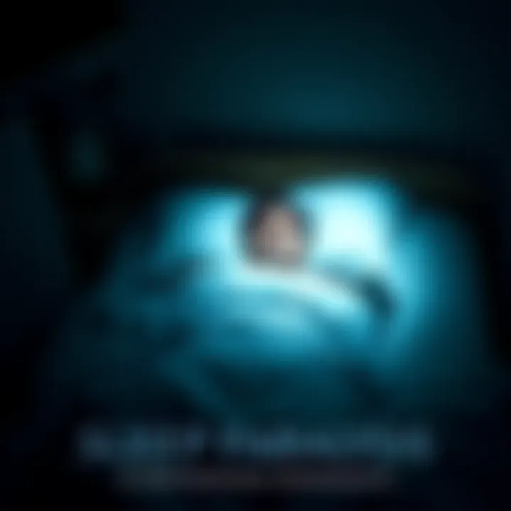 A person lying in bed with a worried expression, unable to move while partially awake, surrounded by a dark room