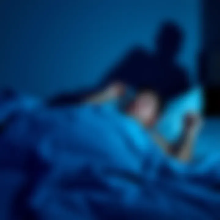 A person lying in bed, appearing startled, with a shadowy figure in the background, depicting sleep paralysis.