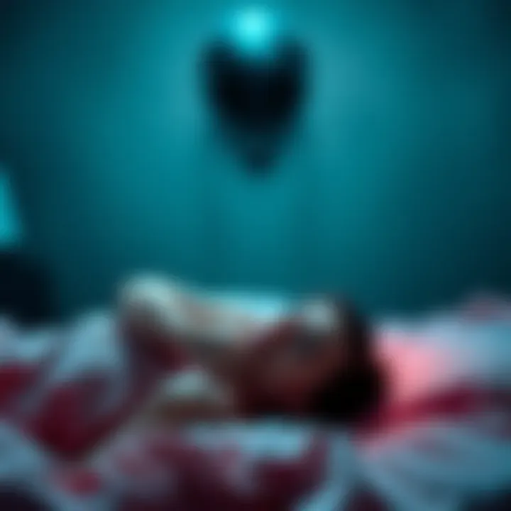 A person lying in bed with a frightened expression, a shadowy figure hovering above them, capturing the feeling of sleep paralysis.