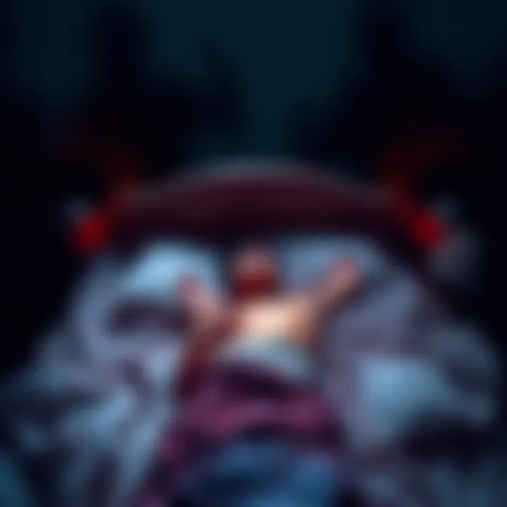 Terrifying Sleep Paralysis Scene A person lying in bed, frozen in fear with dark shadows looming around them, illustrating the intensity of sleep paralysis.