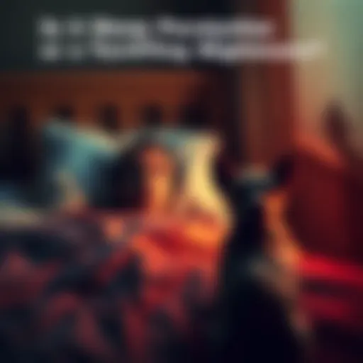 A person lying in bed, eyes wide open in fear, with a shadowy figure at the foot of the bed. A small, anxious dog watches closely from the corner of the room.