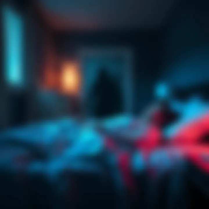 A person lying in bed, frozen in fear, with a shadowy figure looming in the corner of the room