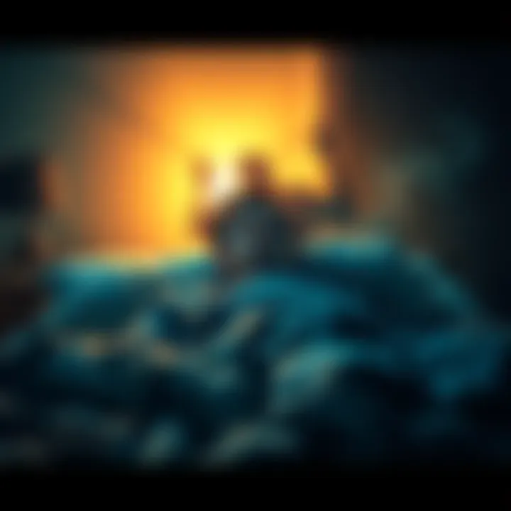 Person experiencing sleep paralysis A person lying in bed, looking terrified as a dark figure looms over them in the early morning light.