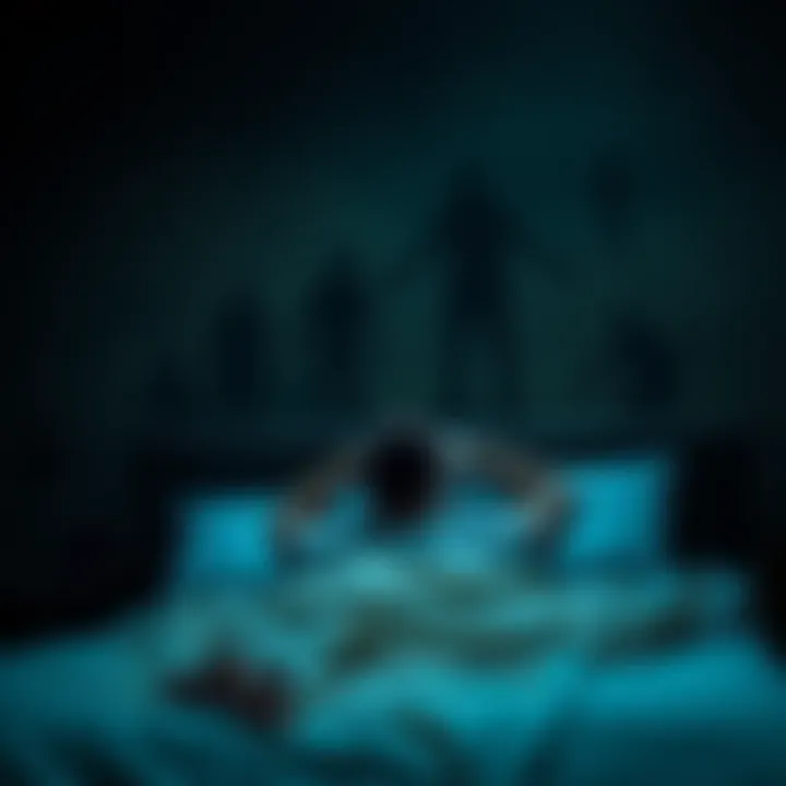 A person sits up in bed, looking frightened, with shadowy figures in the background symbolizing nightmares, dark colors create a tense atmosphere.