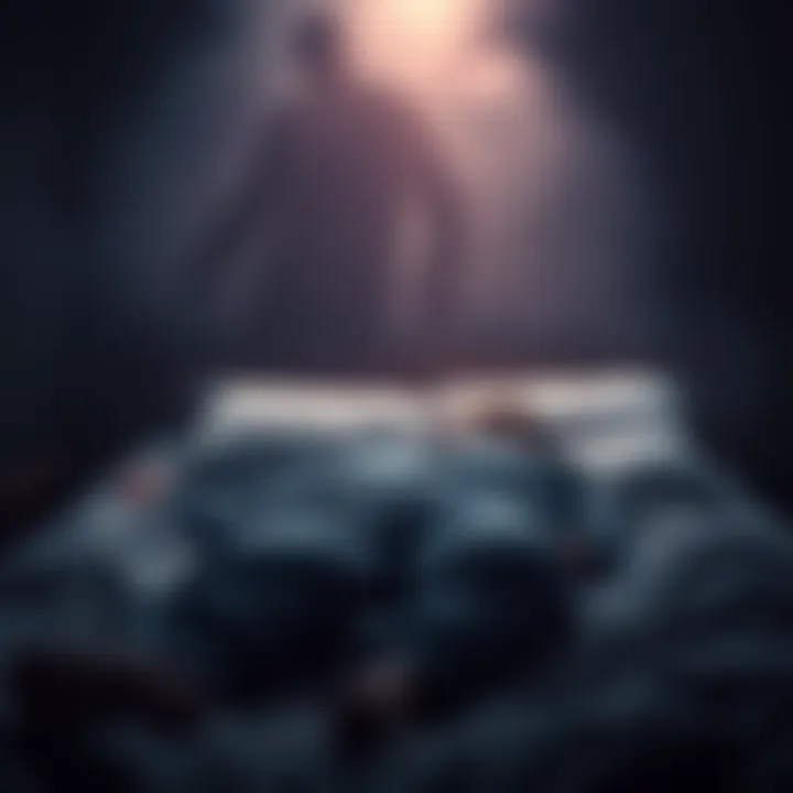 A person lying in bed, unable to move, with a shadowy figure looming above them, illustrating a scene of sleep paralysis combined with a nightmare.