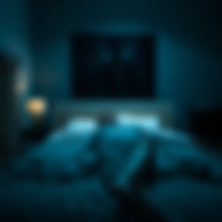 Person experiencing sleep paralysis A person lying in bed, unable to move, with a shadowy figure looming nearby in a dimly lit room
