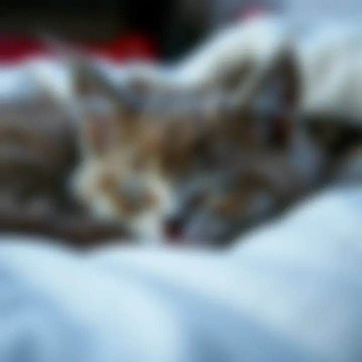 A fluffy gray kitten sleeping peacefully on a soft blanket, looking serene and unbothered.