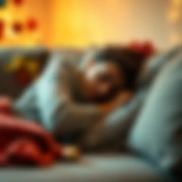 A person cozy on a couch, asleep with festive decorations visible around, capturing the spirit of holiday fatigue during Hellenic celebrations.