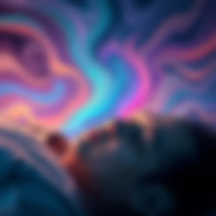 A person sleeping peacefully with colorful dream-like swirls above their head, representing dreams and spells