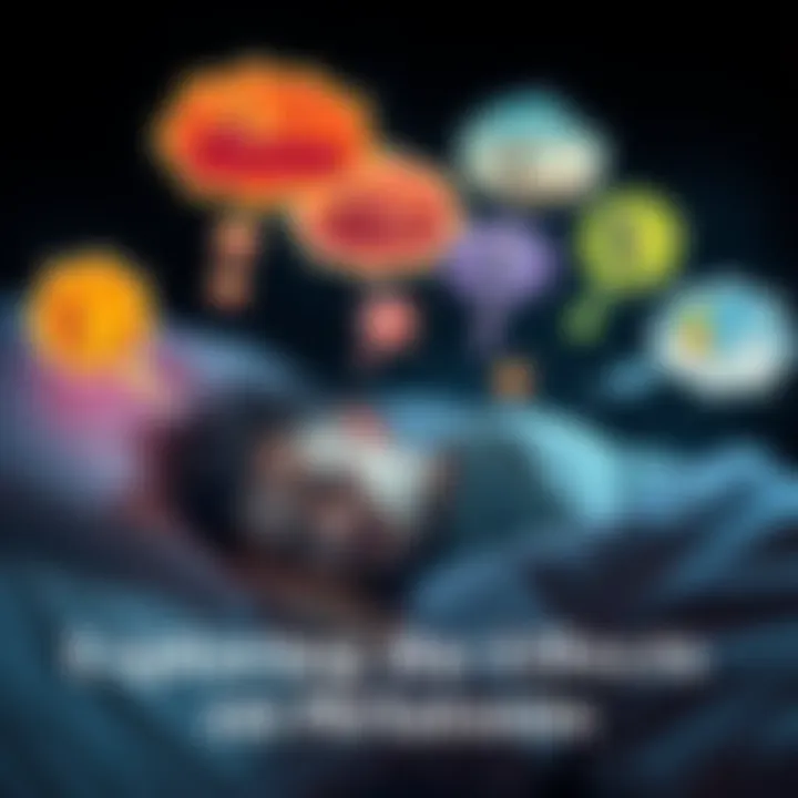A person peacefully sleeping with colorful thought bubbles depicting various dream scenarios, symbolizing the effects of melatonin on dreaming