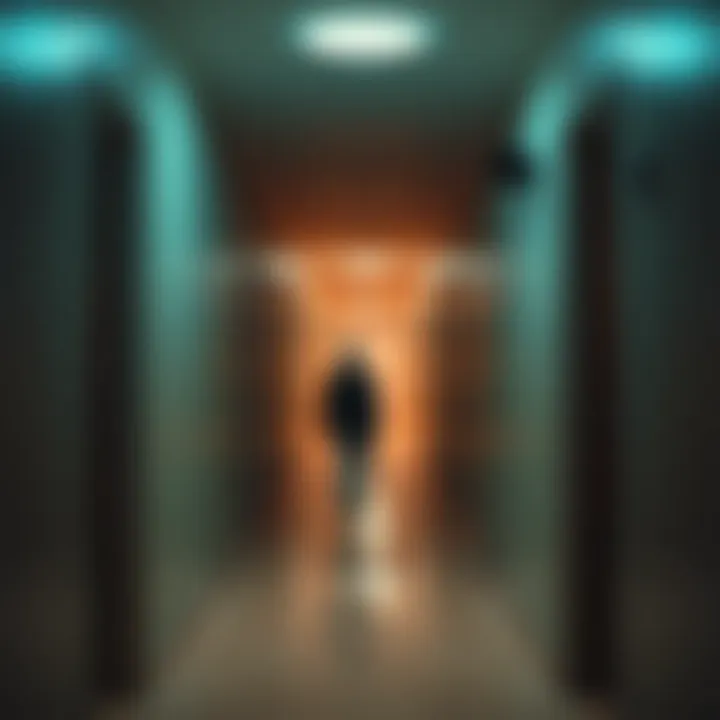 A person sleepwalking in a hallway at night, captured by a camera