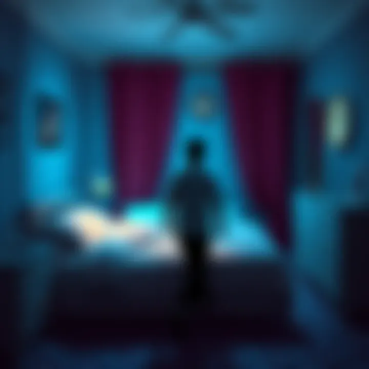 A person wandering in a bedroom while asleep, with the bed unmade and a clock showing early morning