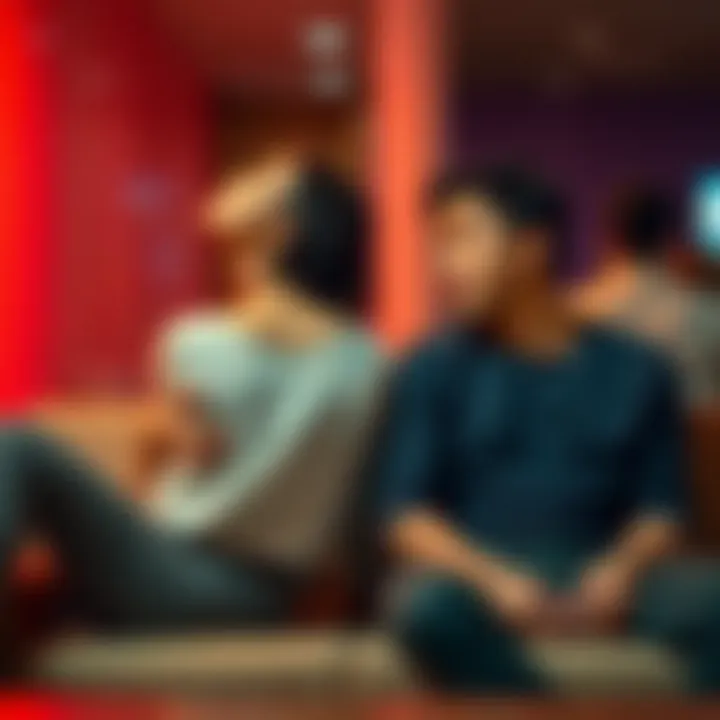 A couple sitting together, one leaning in while the other looks away, symbolizing slow burn versus avoidant dynamics in relationships.