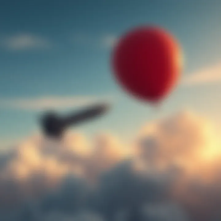 A missile slowly moving through the sky, resembling a balloon, with clouds in the background.