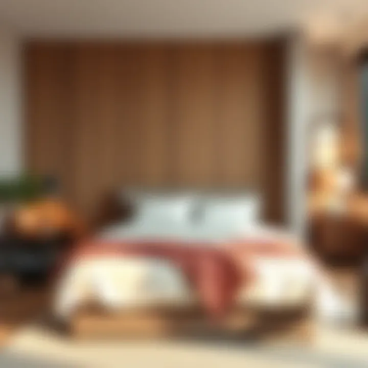 A compact bedroom featuring a large bed positioned for optimal space use and access to outlets