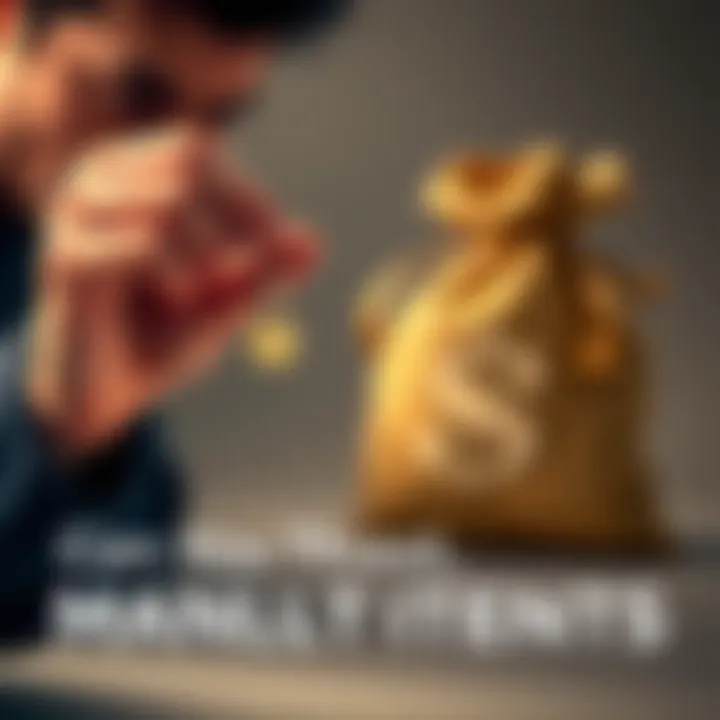 A person holding small items like a coin and a key, looking thoughtfully at a larger money bag in the background, symbolizing the challenge of manifesting big goals.