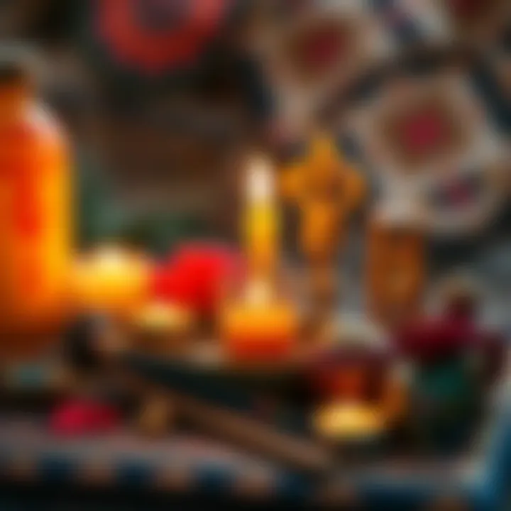 A close-up of a small pocket altar featuring candles and cultural symbols, representing spiritual practices