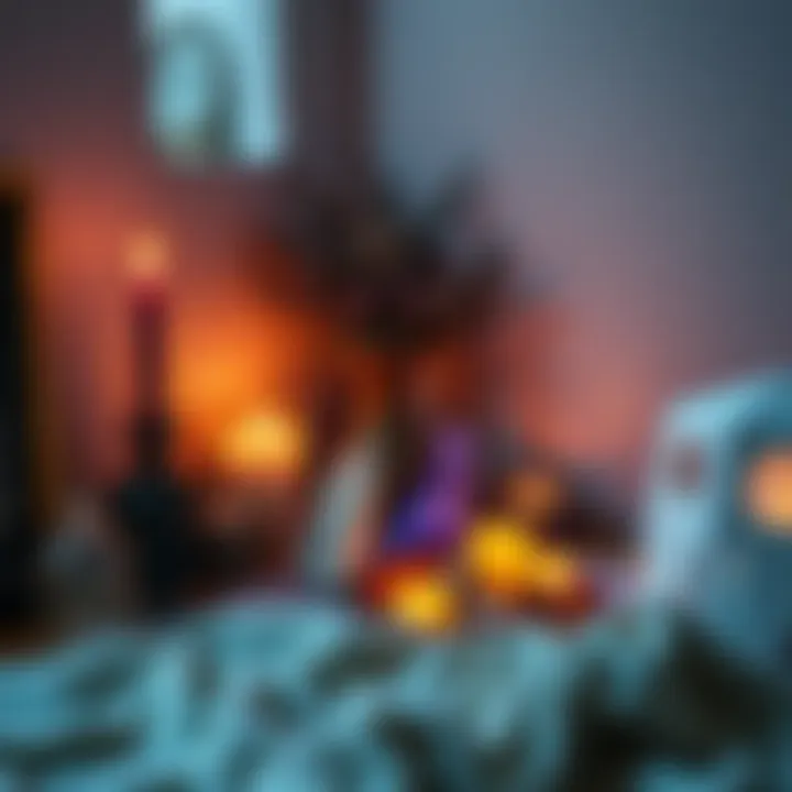 A small altar with candles, crystals, and offerings set up for Hecate in a cozy apartment space