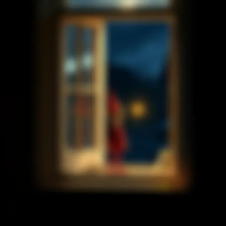 A small elf-like figure stands close to an open window at night, creating an eerie scene.