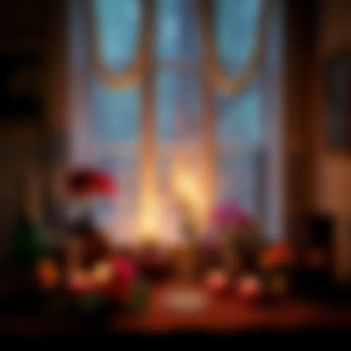 A cozy small altar featuring lit candles, fresh flowers, and personal items, creating a serene atmosphere