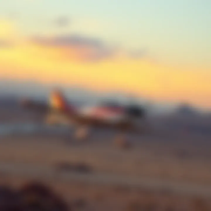 A small plane flying close to a desert area with a distant military installation visible, representing a dramatic story of being shot down.
