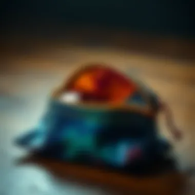 Small pouch with contents A close-up of a small, colorful pouch partially open, revealing hints of unknown items inside