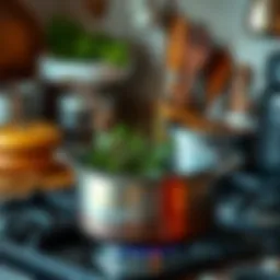 A small simmer pot filled with herbs and water on a stove, creating a warm and inviting atmosphere in a cozy kitchen.