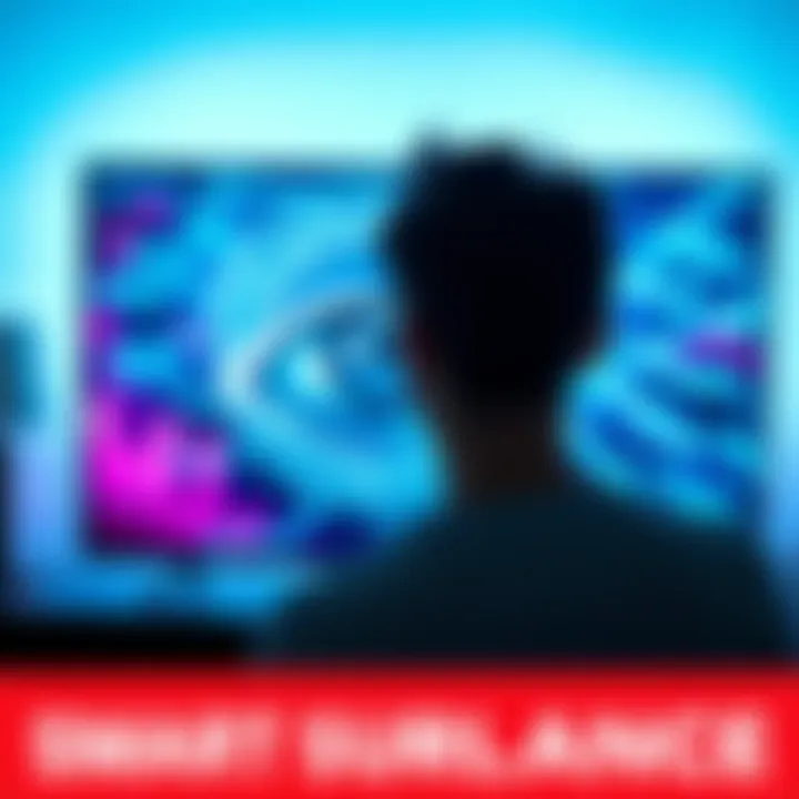 A person looking concerned at a smart TV while a digital eye graphic symbolizes surveillance, highlighting privacy issues.