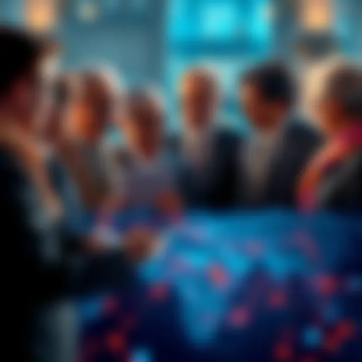 A group of wealthy individuals and government officials discussing AI technology over a digital map showing global data connections.