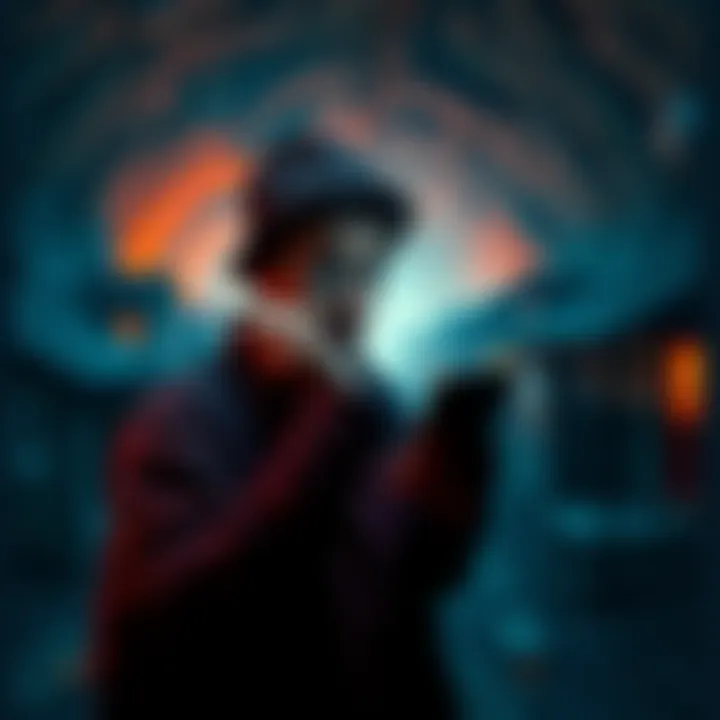 Person using smartphone in a dream A person holds a smartphone in a dark, surreal underground suburb while looking confused, with eerie houses in the background.