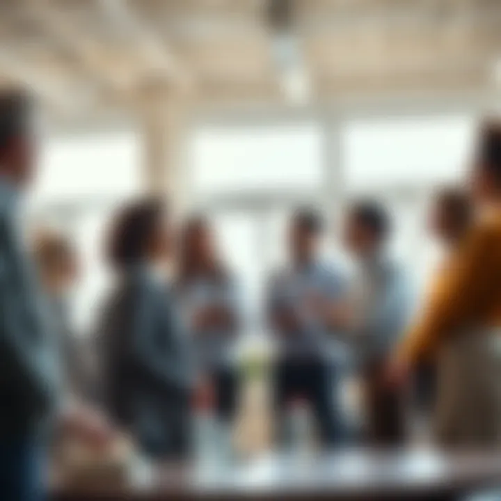 A group of knowledgeable individuals engaged in a lively discussion, sharing insights and expertise in a bright, open space.