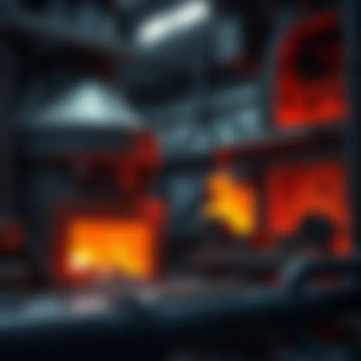 Smelting Furnace and Forge in Metalworking A smelting furnace and a forge side by side, showcasing the different processes used to shape metals for manufacturing.