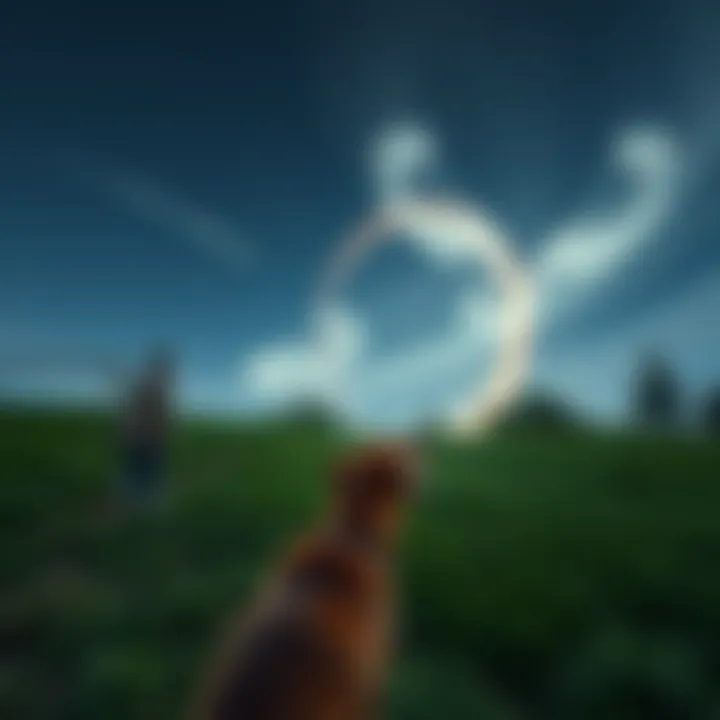A dog's owner watches unusual smoke rings appearing in the dark sky near Rochester, NY, as the dog barks in curiosity.