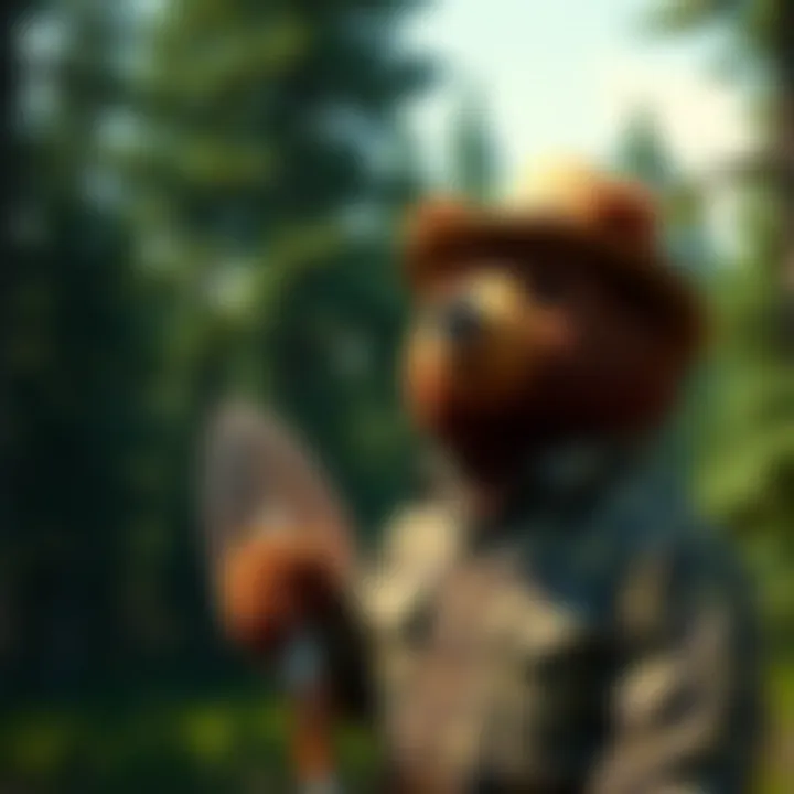 Smokey the Bear character in a green forest, wearing a ranger hat and holding a shovel, promoting fire safety