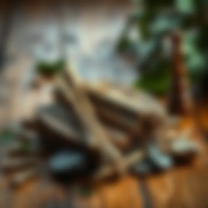 Smudge sticks on a wooden table A set of smudge sticks resting on a rustic wooden table, surrounded by natural elements like leaves and stones.