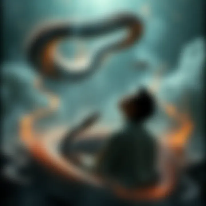 A person dreaming of a snake while surrounded by symbols of ancestors and divine messages, reflecting on their meaning.