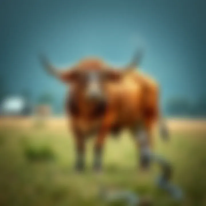 Snake-eating bull in a field A snake-eating bull stands in a grassy field, curiously eyeing its environment with a snake coiled nearby.