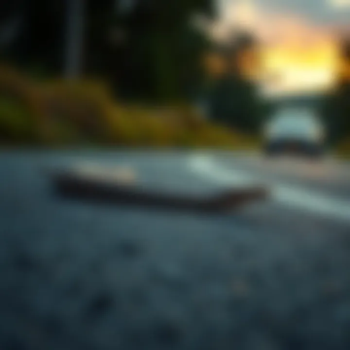 A snake lying on a rural road with grass on the sides, where a car approaches.