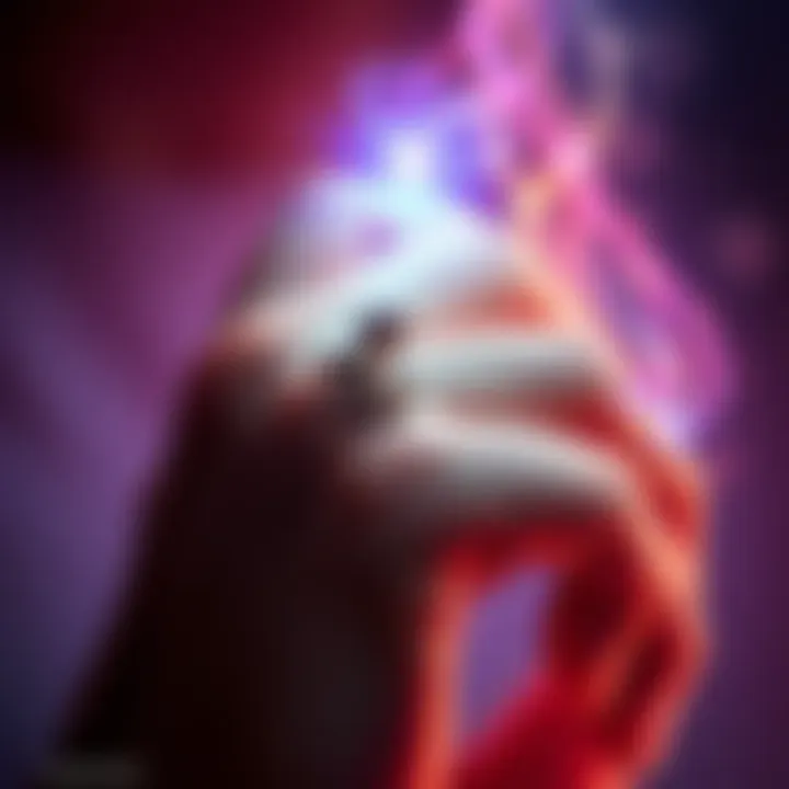 A hand with a snake ring on the ring finger, showing a gentle glow around the finger