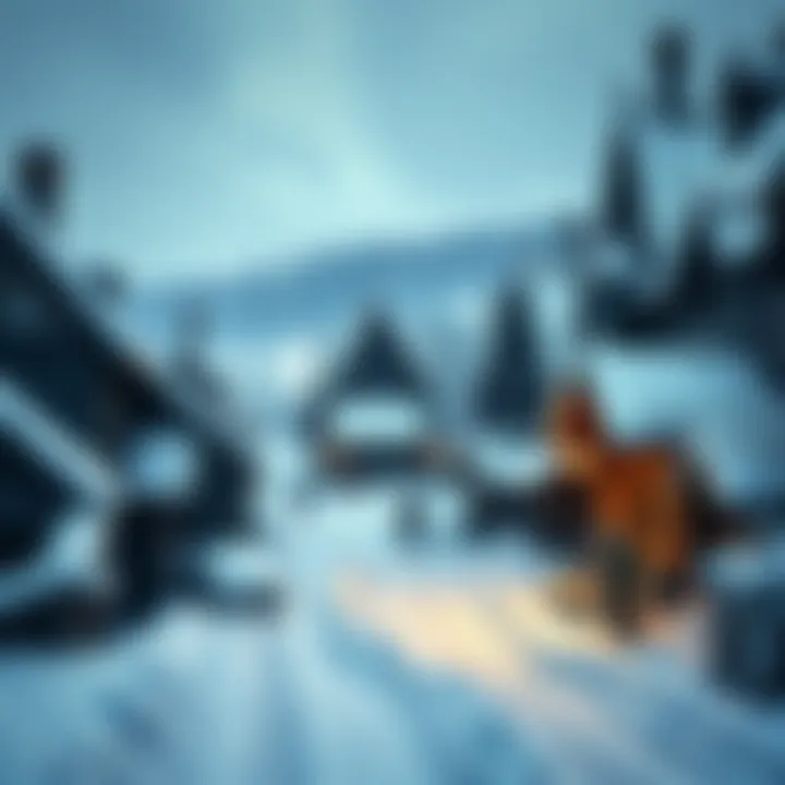 A village in Europe blanketed in snow during the Little Ice Age, showing people struggling with harsh winter conditions.