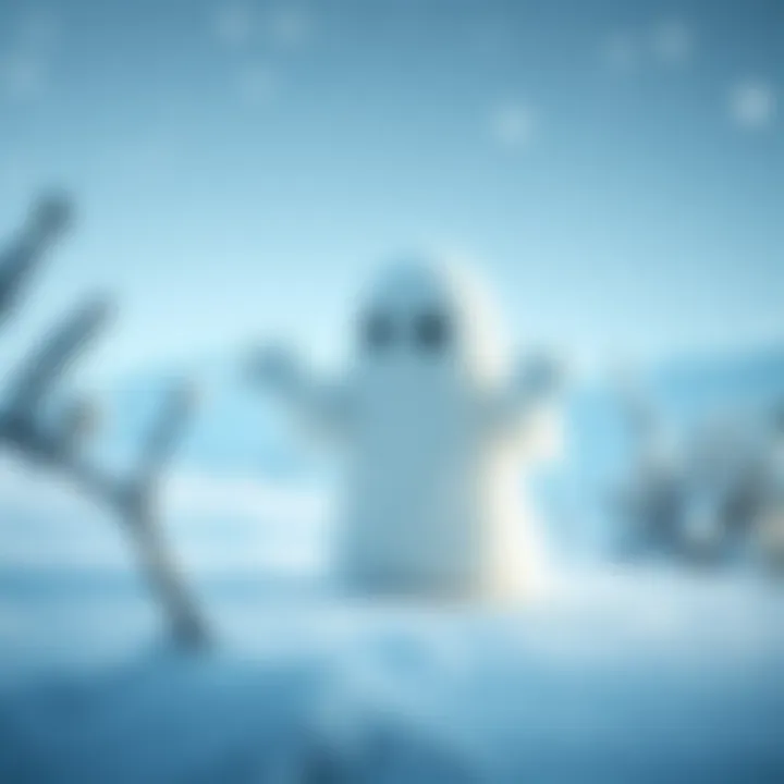 Snow Ghost in Winter A cute snow ghost with fluffy white fur stands in a snowy landscape, capturing the charm of winter.