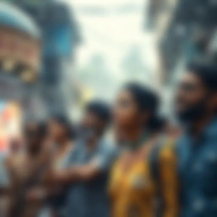 A scene showing unexpected snowflakes falling during summer in India, with people looking confused and uncomfortable, wearing summer clothes, displaying signs of dizziness and eye pain.