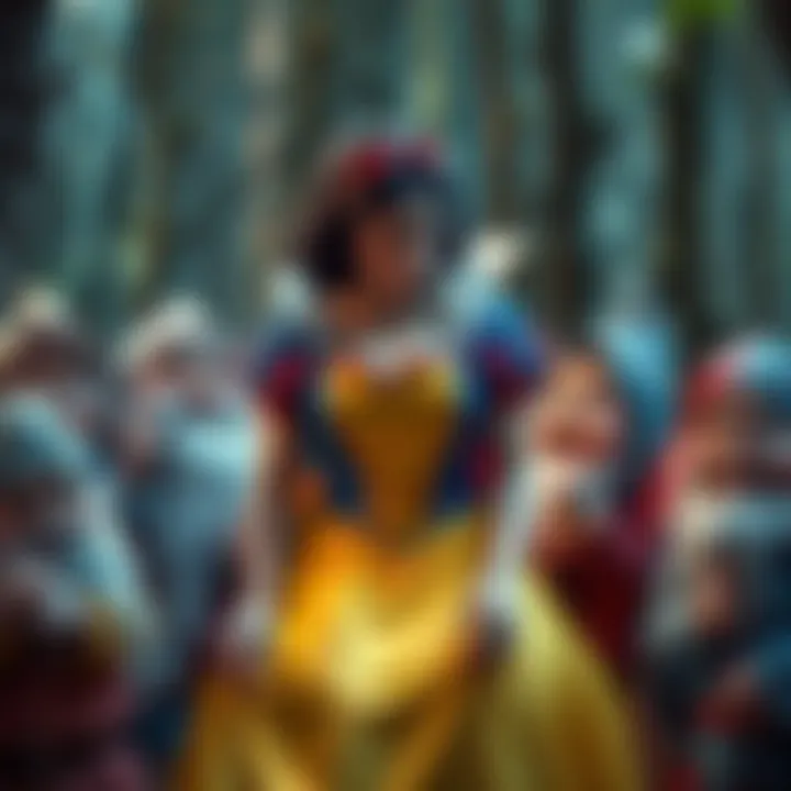 A scene depicting Snow White surrounded by the Seven Dwarfs in a forest setting, showcasing their expressions of surprise and confusion.