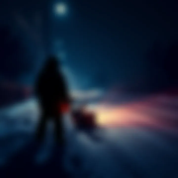 Snowblower Operator at Night A snowblower operator stands beside a snow-covered road, looking at an eerie shadow on the pavement under a dim streetlight.