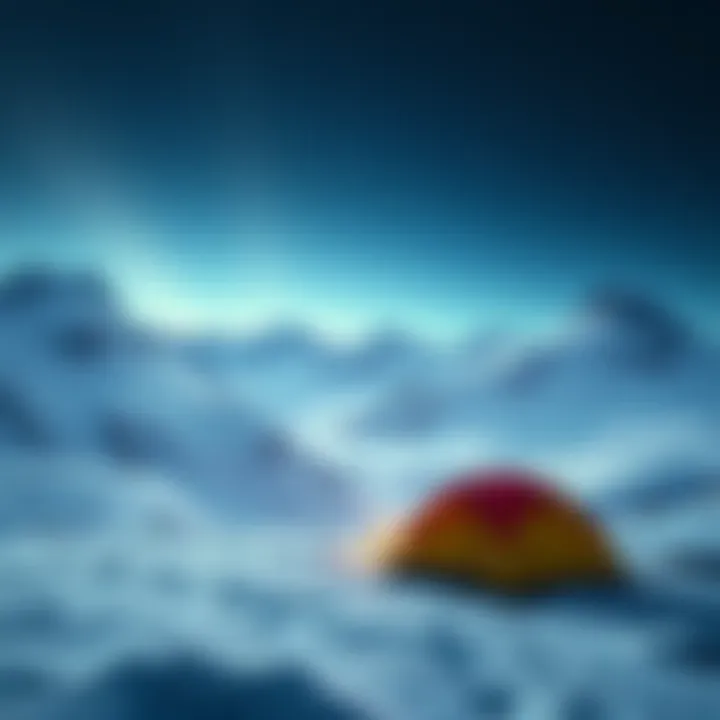 A view of snowy mountains with a tent set up nearby, symbolizing the Dyatlov Pass incident.