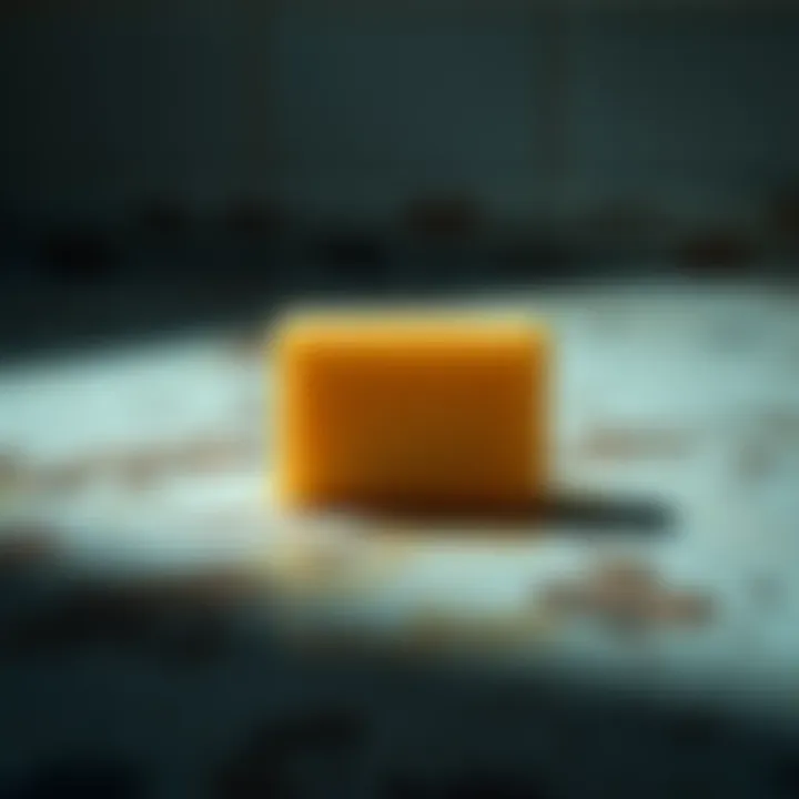 A bar of soap resting on a dirty floor with visible stains and grime