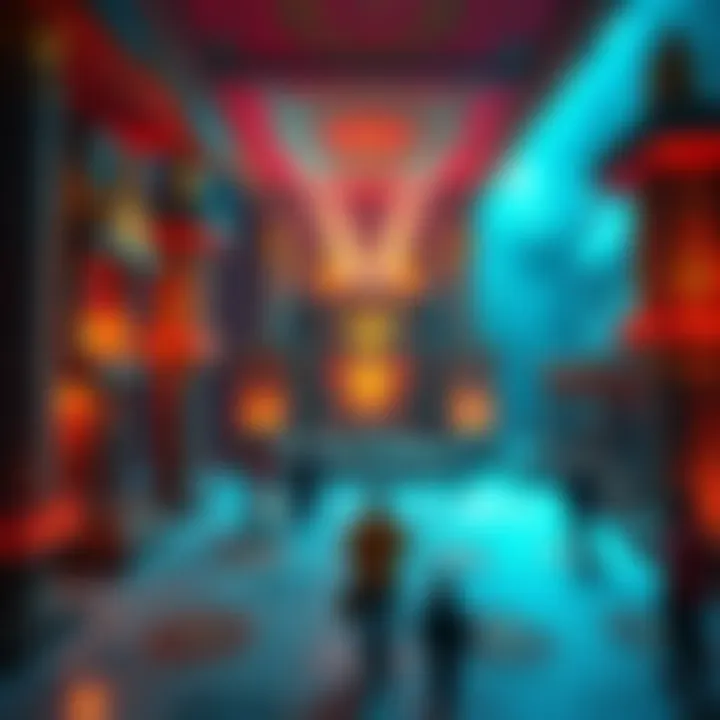 A vibrant shrine dedicated to the Egyptian god Sobek, featuring colorful artwork and symbolic decorations, with visitors exploring the space.