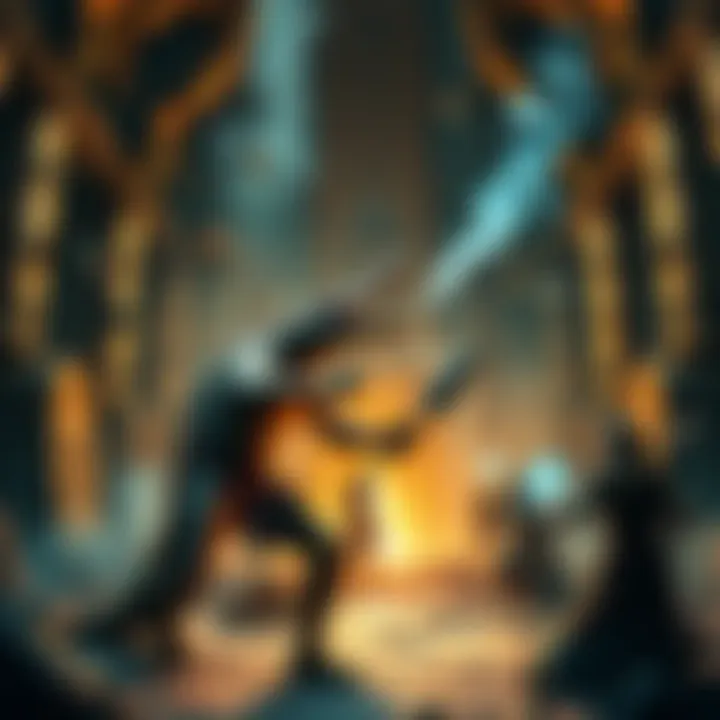 Sobek battling Set in a chaotic temple Sobek, a crocodile-headed god, fights Set amidst chaos in a temple filled with followers and debris