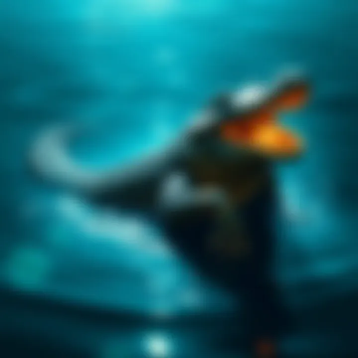 A depiction of Sobek, the ancient Egyptian crocodile god, surrounded by water, symbolizing guidance through life's transitions.